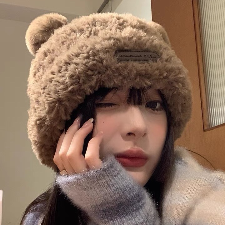 韩系可爱小熊毛绒针织帽子女秋冬季加厚保暖包头帽仿皮草套头盆帽详情13