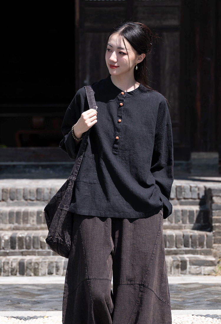 2024春夏棉麻女装新品亚麻立领拼色盘扣套头大码上衣女式棉麻衬衫详情29