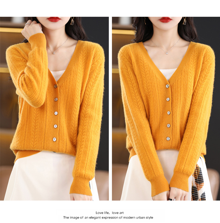 绒狼2023秋冬新款女士V领羊毛针织麻花开衫宽松长袖短款外套女详情22