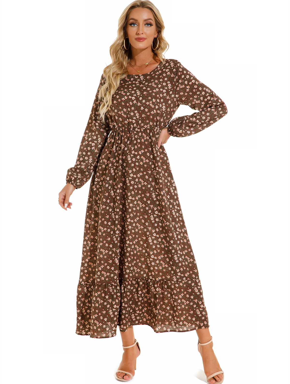 European and American floral long, round-neck, long-sleeved, waist-cinching and slimming dress pic 36