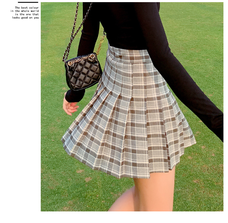 2021 New Korean-style high-waisted, slimming, versatile and anti-glare A-line checkered pleated skirt short skirt for women pic 14