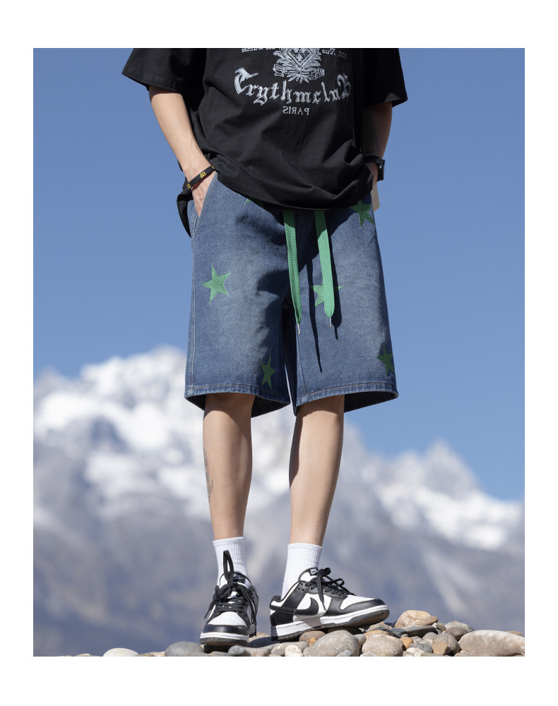 2024夏季新款牛仔短裤男浅蓝色松紧腰休闲裤潮牌百搭学生运动裤子详情23