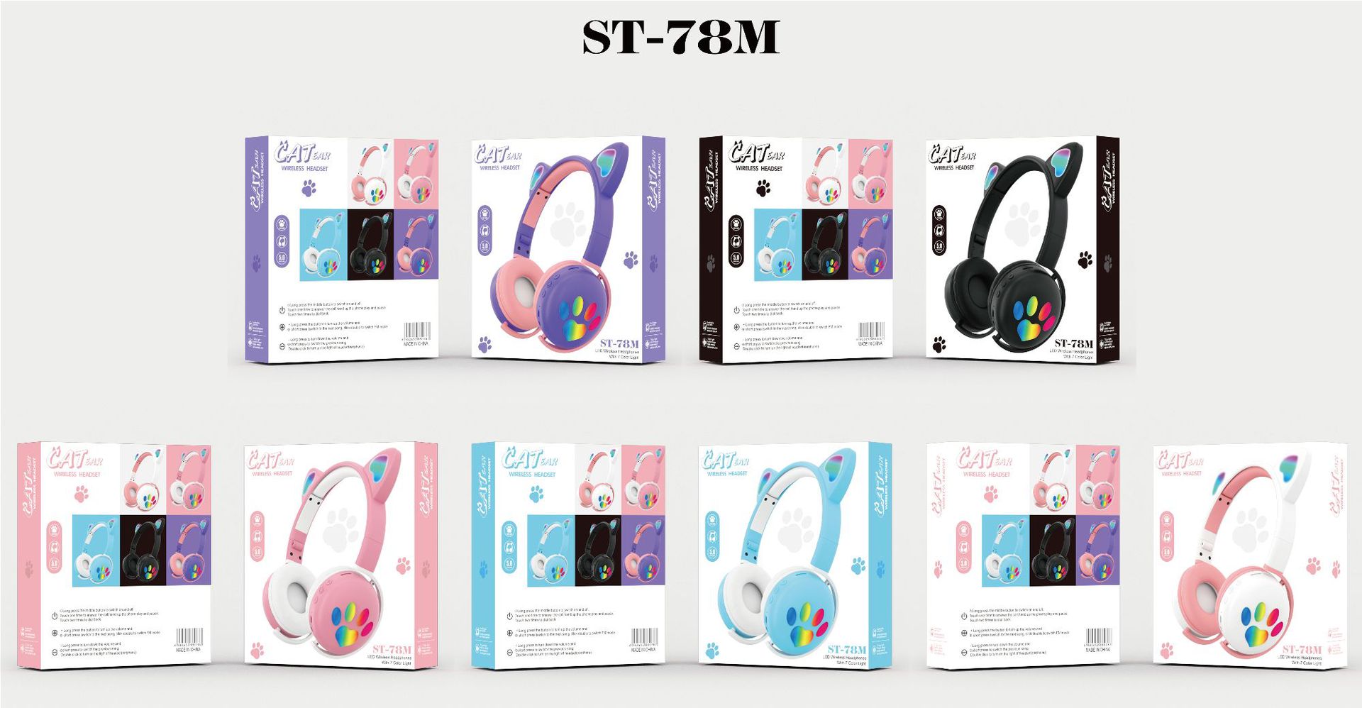 The original factory of the new cat ear over-ear wireless Bluetooth headphones ST78M cat paw LED fashionable neutral FM headset pic 6