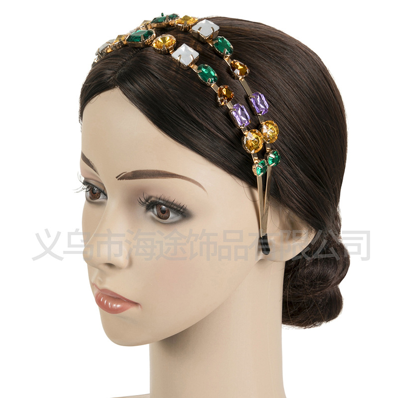 European and American style fashionable and trendy alloy diamond-encrusted super sparkling hair band, Baroque color full drill bit band manufacturer wholesale pic 1