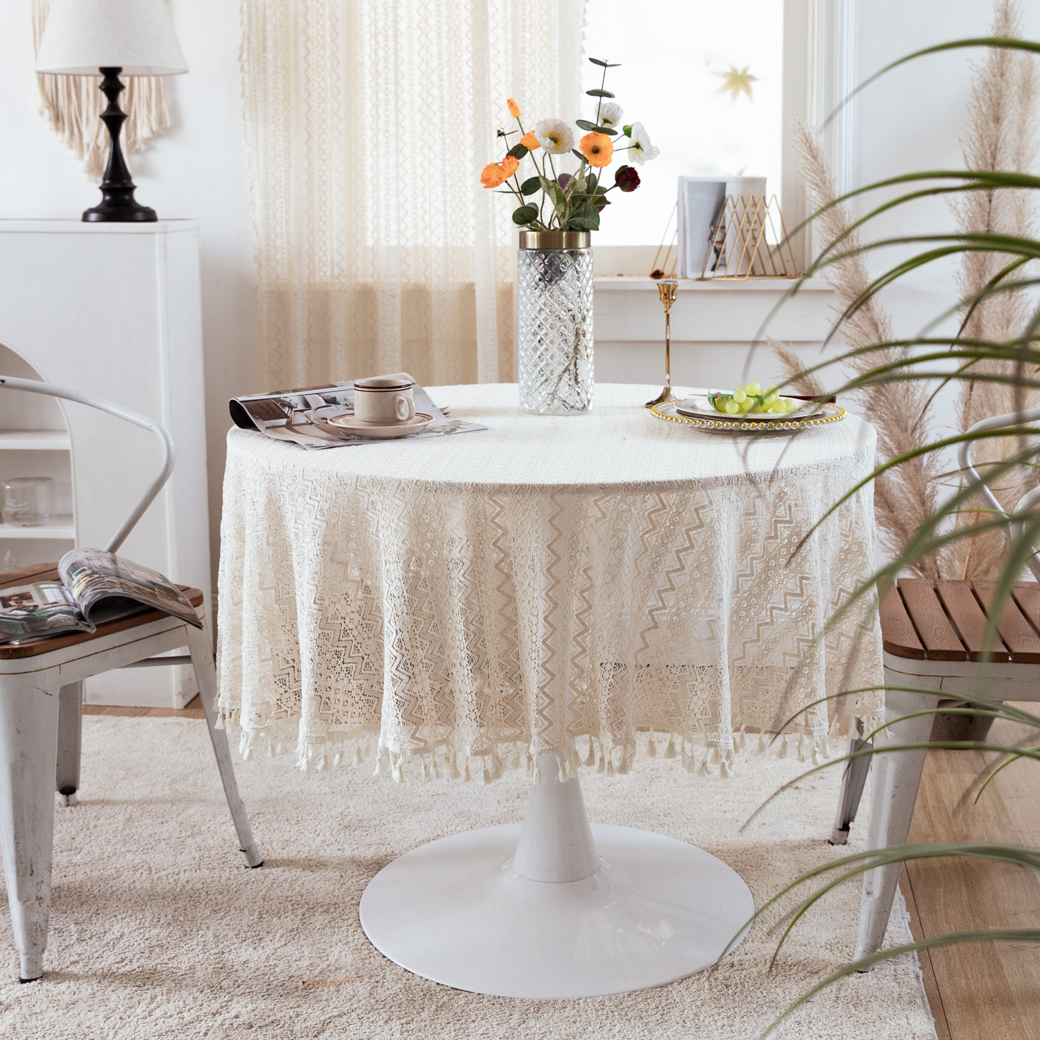 National trend retro hollowed-out lace cover fabric, ins style rectangular white country tablecloth, round table and small round tablecloth pic 21