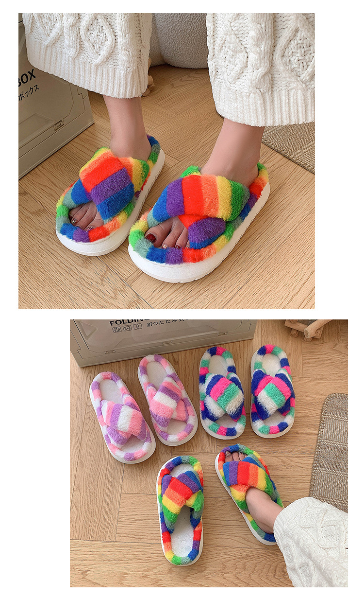 2024秋冬新款时尚居家交叉毛毛拖彩色露趾时尚多色条形甜美休闲详情2