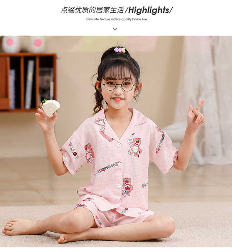2023女童睡衣儿童夏季短袖短裤泡泡绉布套装女孩开衫大童家居服夏详情26