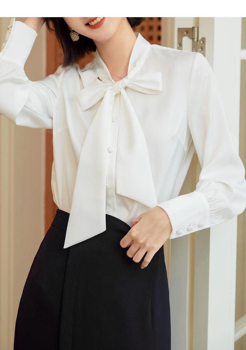百薇秋季新品飘带女式衬衫潮流蝴蝶结女装通勤风纯色开衫系带上衣详情10