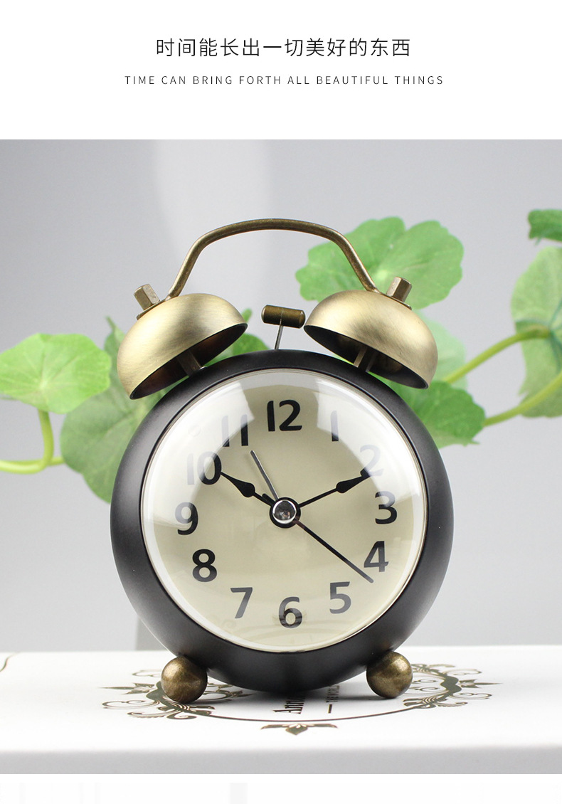 A super-loud, retro circular convex bell alarm clock for children, students, home, bedside, silent night light clock pic 4