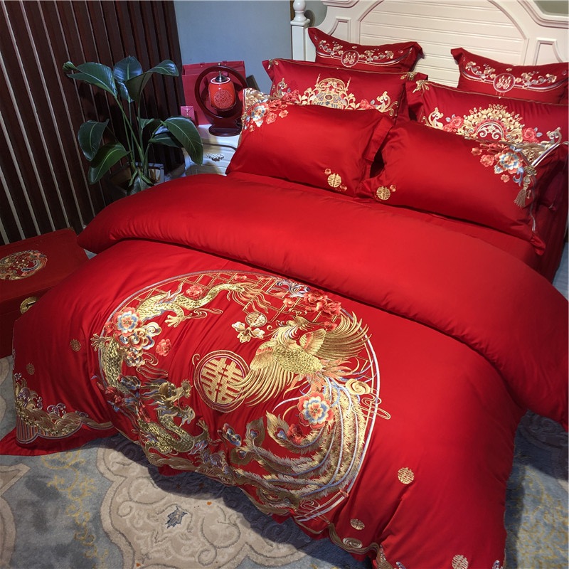 新款100s高档纯棉婚庆四件套长绒棉重工刺绣大红色床上结婚多件套详情3