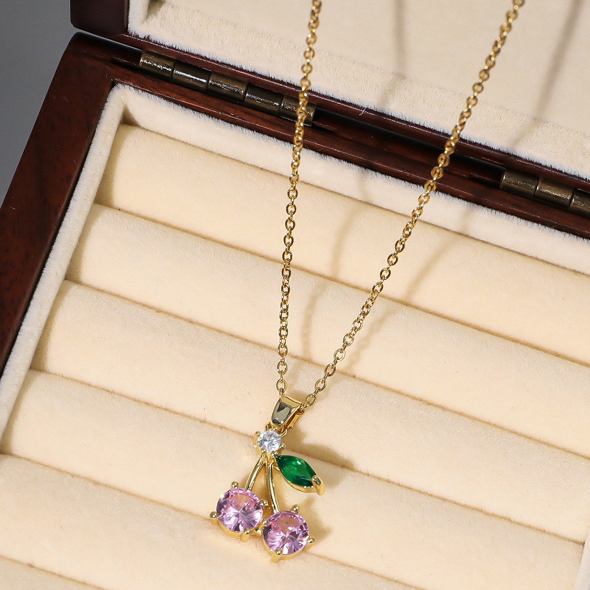 This is a unique new design pendant with a Japanese and Korean style, featuring cherry fruits and zircon. It is a stylish titanium steel necklace pic 59