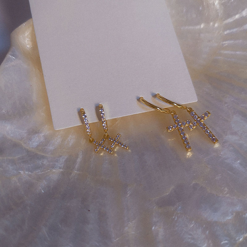 925 sterling silver earrings, personalized cross-shaped micro-inlaid zircon small ear rings, simple ear buckles, European and American accessories pic 9