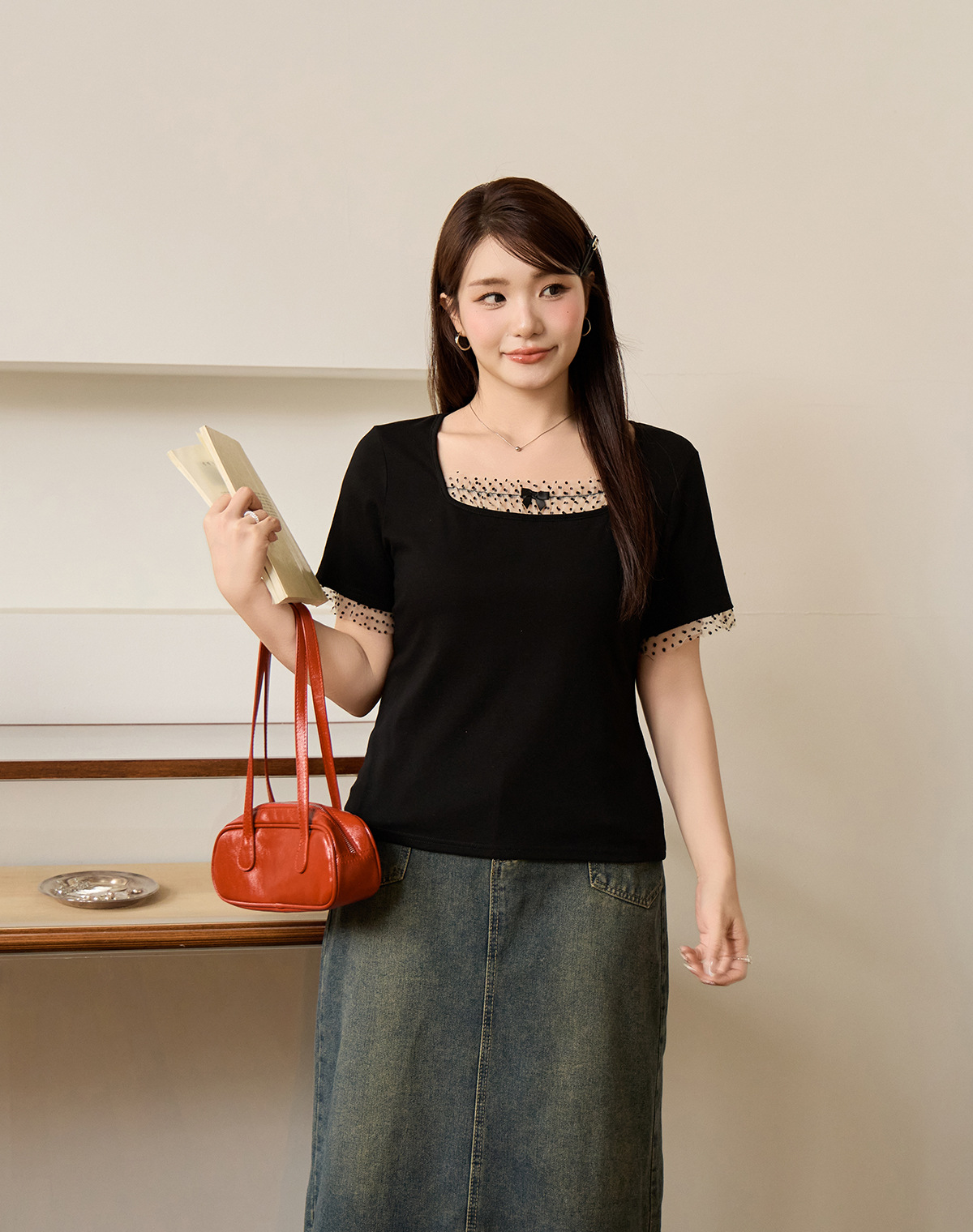 Light French style shoulder polka dot mesh patchwork top for plump girls, large size, slimming, versatile short-sleeved shirt 65378 pic 38