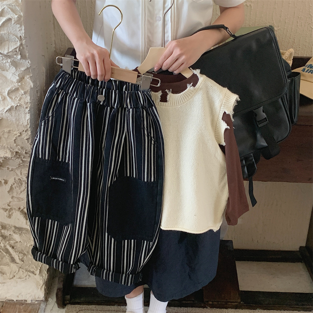 蒙田儿童长裤2023秋季新品男女童韩版提花条纹牛仔裤宝宝休闲长裤详情2