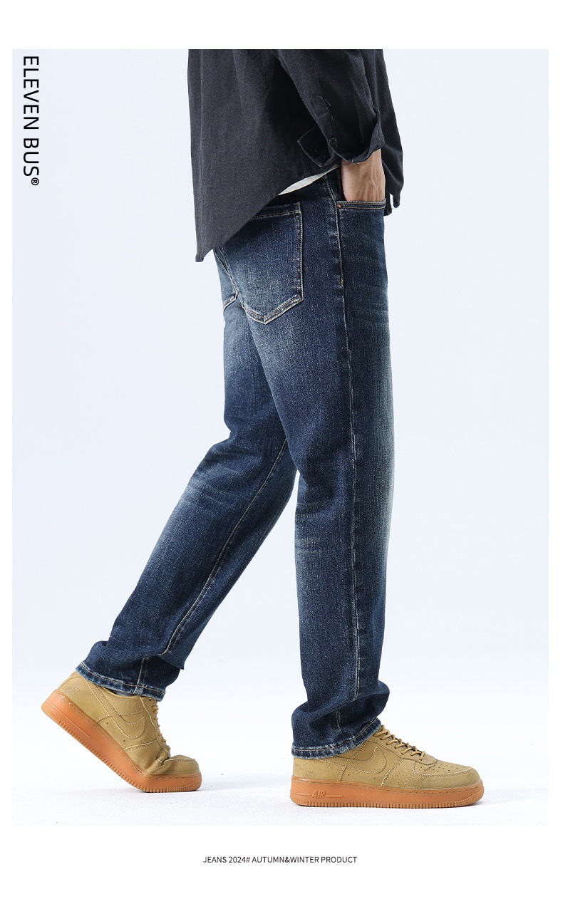 American trendy stretch jeans for men, thickened with fleece, loose straight leg, casual and versatile washed long pants for men pic 16