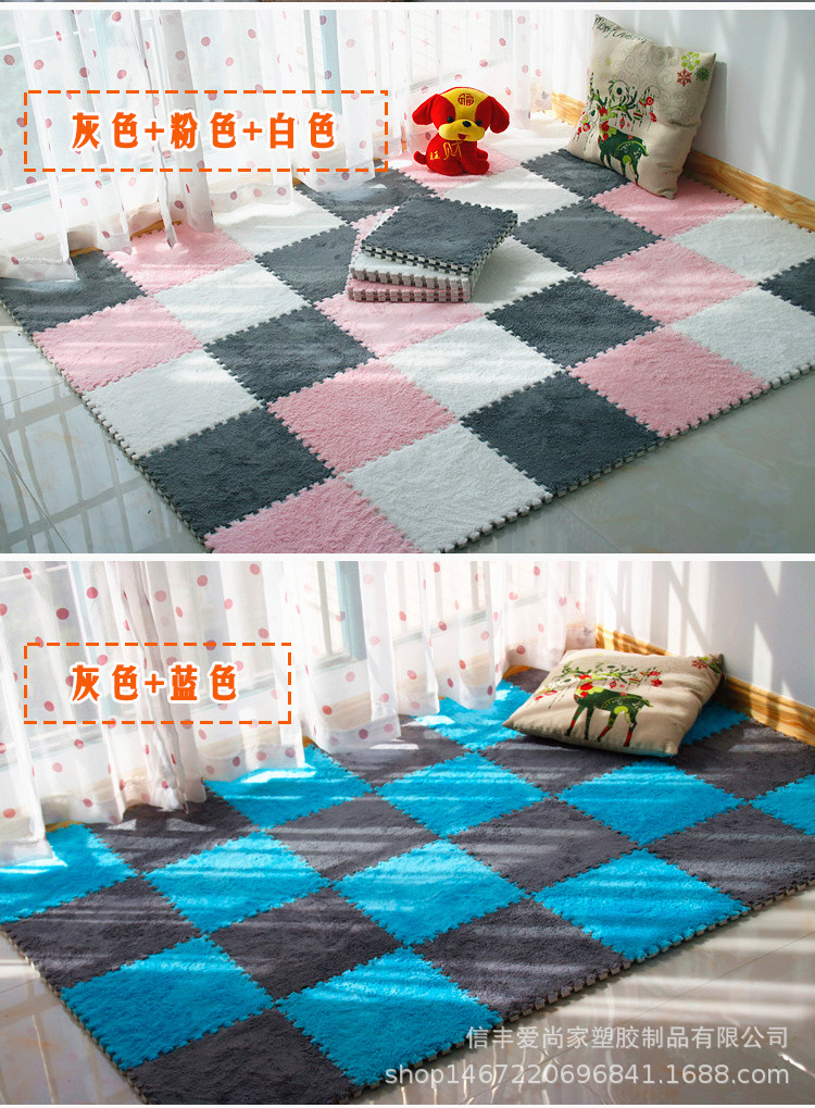 The bedroom is fully carpeted, with a plush bedside blanket in an ins style. The living room is covered with foam floor MATS and a patchwork blanket pic 11