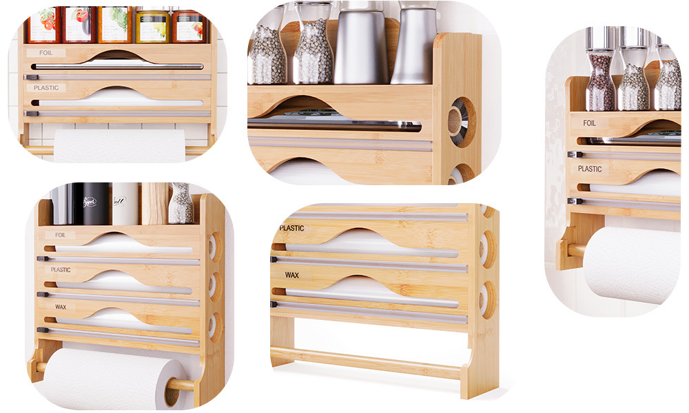 保鲜膜切割器三合一竹制锡箔纸可壁挂带纸巾架保鲜膜切割盒置物架详情4