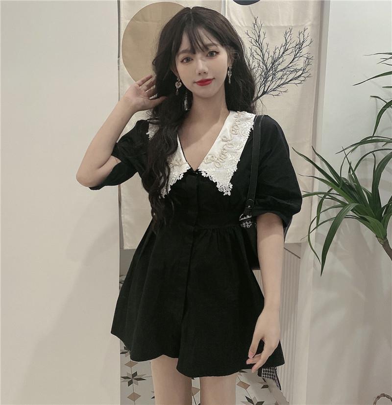 胖妹妹复古撞色娃娃领连衣裙大码小个子轻熟风优雅气质小黑裙女夏详情11