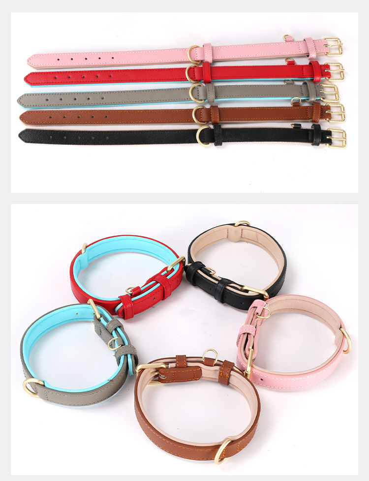 New pet collar with lychee pattern, genuine leather dog collar, diving cotton anti-loop, adjustable cat neck collar, pet collar pic 4