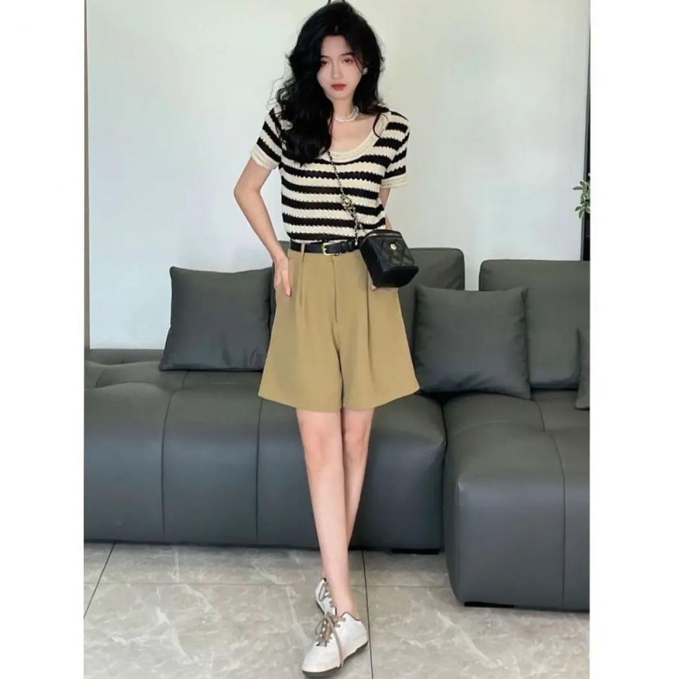 大码女装镂空韩系条纹针织短袖t恤复古圆领上衣时尚百搭2022夏季详情17