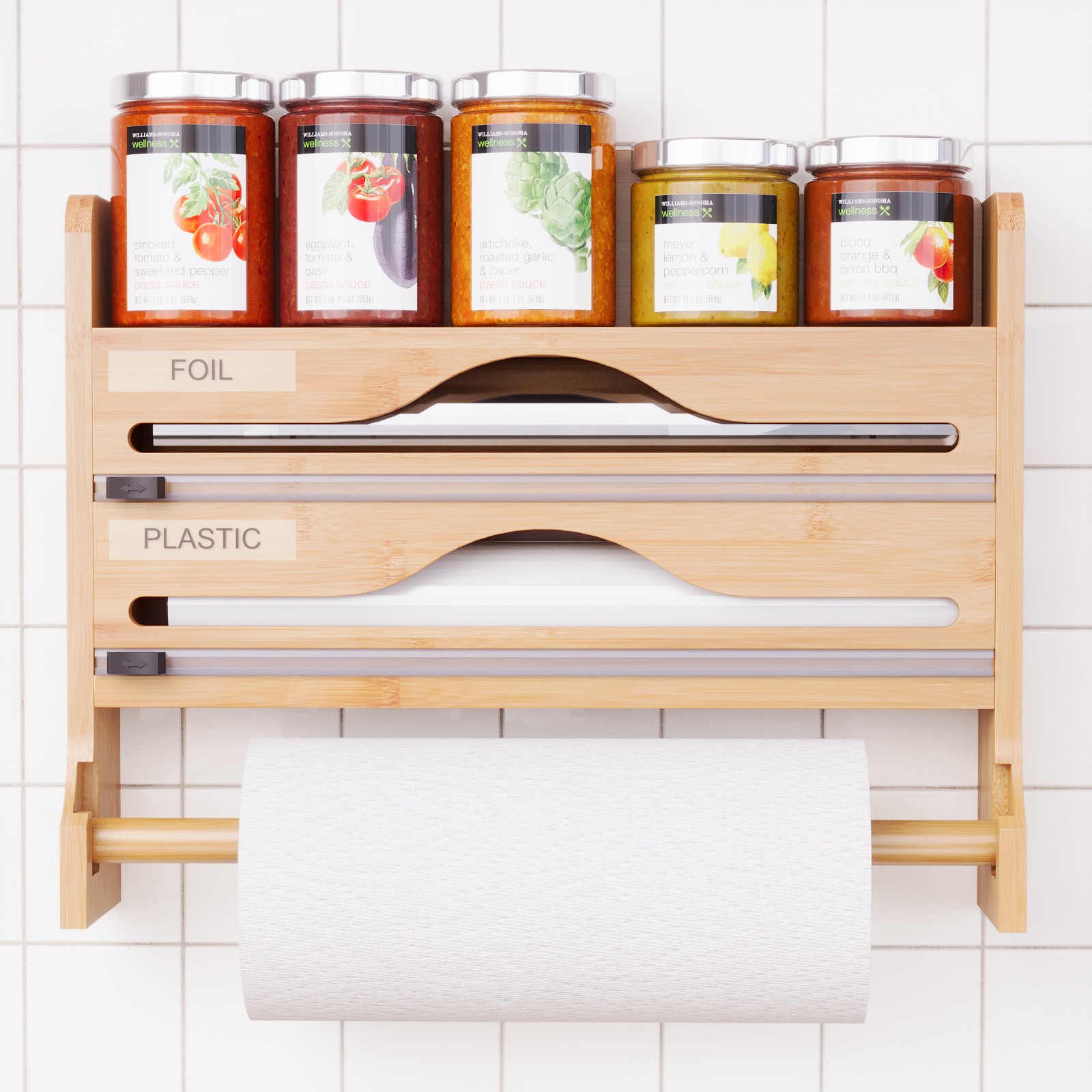 保鲜膜切割器三合一竹制锡箔纸可壁挂带纸巾架保鲜膜切割盒置物架详情1