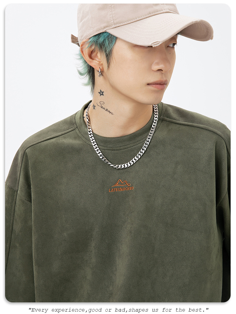 韩路男装 麂皮绒美式圆领T恤男女款夏季宽松质感刺绣潮牌短袖体恤详情18