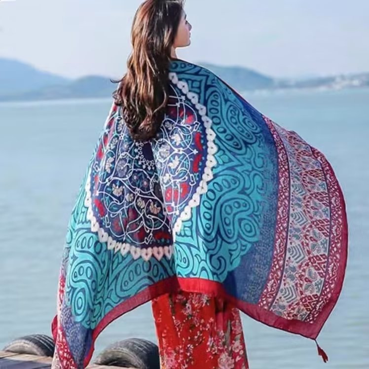 西藏茶卡盐湖沙漠旅游拍照民族风披肩防晒斜纹棉流苏围巾超大丝巾详情7