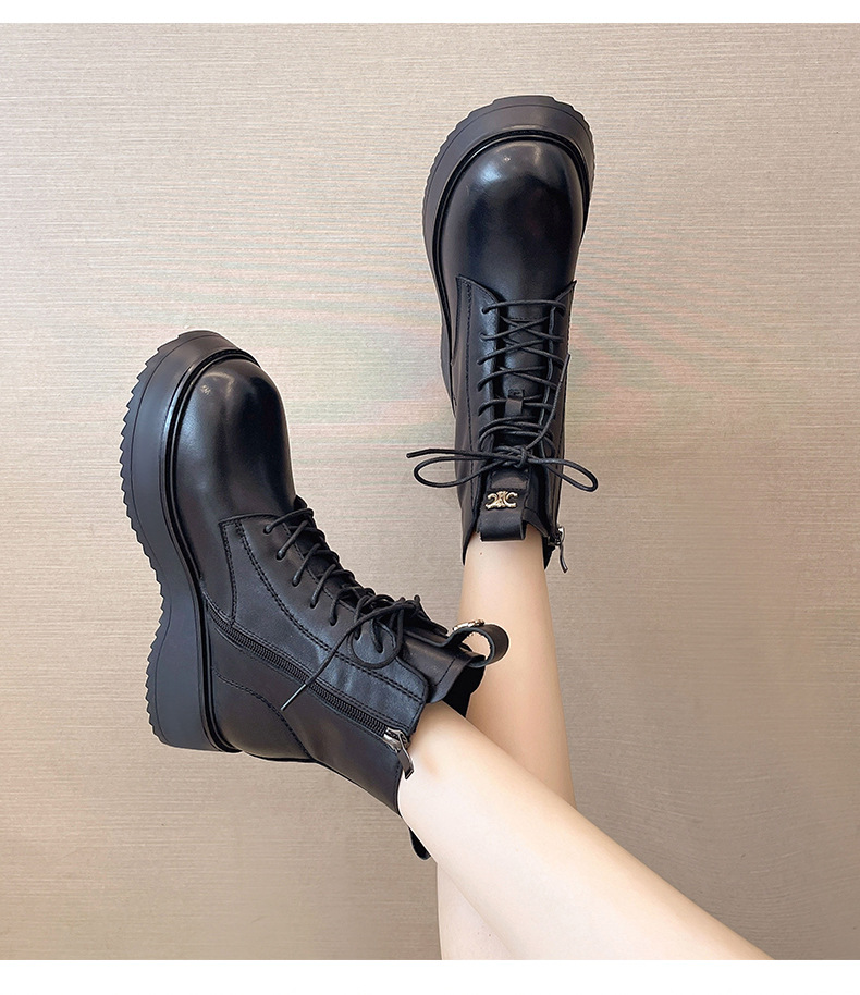 头层牛皮马丁靴女英伦风侧拉链真皮圆头厚底短靴一件代发黑色皮靴详情15