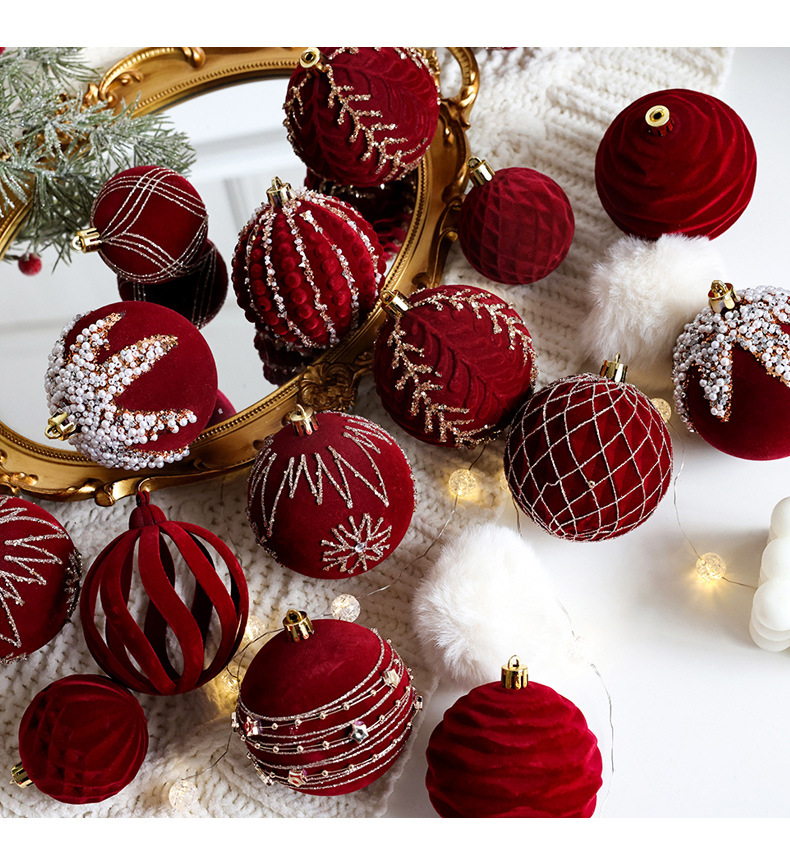 Christmas tree decoration balls, Christmas painted balls, velvet dark red Christmas balls, pearl DIY hanging decorations, scene arrangement pic 9
