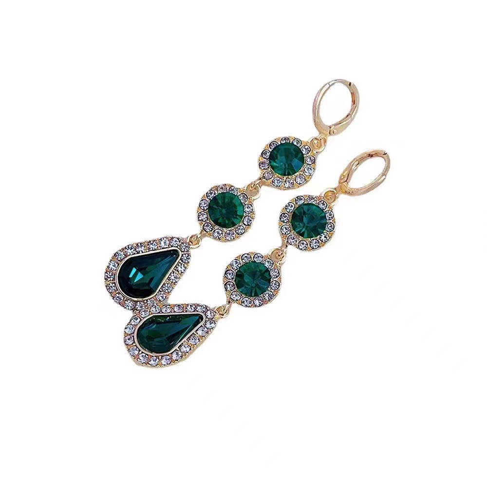 S925银针气质奢华绿色锆石耳扣新款高级水滴时尚百搭女耳环耳饰品详情9