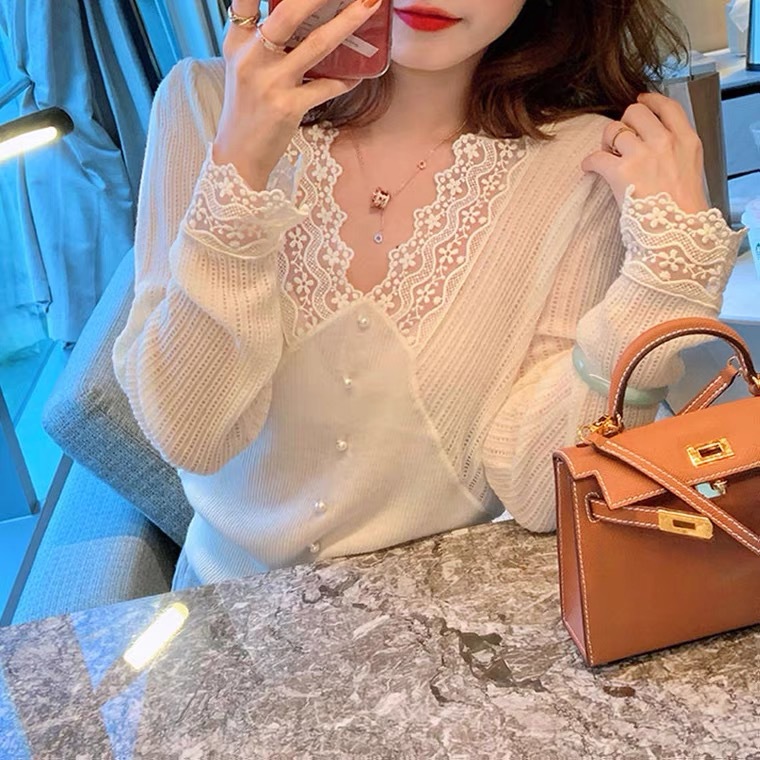 早秋长袖蕾丝打底衫女秋冬洋气时尚内搭甜美别致上衣网纱针织小衫详情18