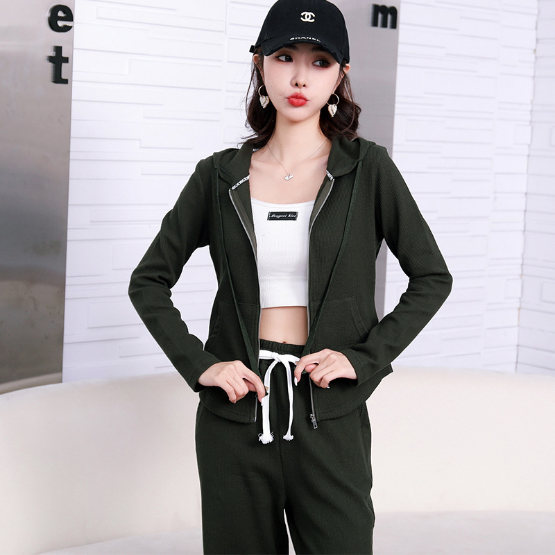 Early spring pure cotton fashionable casual set for women, loose, sporty and slimming straight-leg high-waisted wide-leg pants, zipper hooded jacket pic 72
