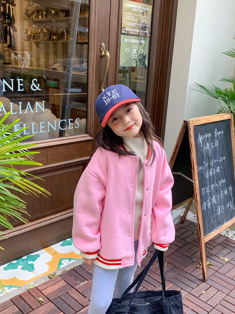 TCkids2022AW Autumn/Winter Edition fleece thickened embroidered label pink baseball jacket pic 21