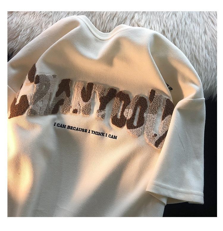 American retro 2022 early spring new collection: Loose couple round-neck white short-sleeved T-shirt with towel embroidery, trendy for women on Instagram pic 10