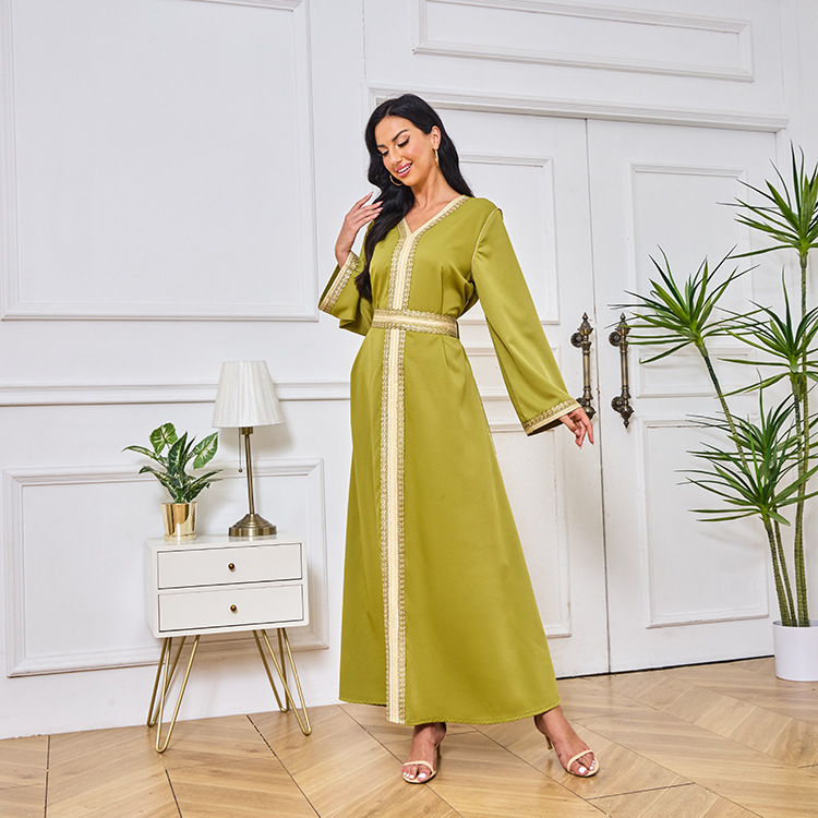 MT098中东外贸迪拜穆斯林长袍女装 刺绣金色珠片花边连衣裙 abaya详情17