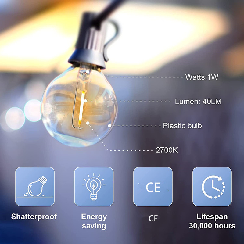 G40 transparent LED bulb, IP44 waterproof, balcony and terrace lighting decorative light string wire, European standard G40 light string pic 4