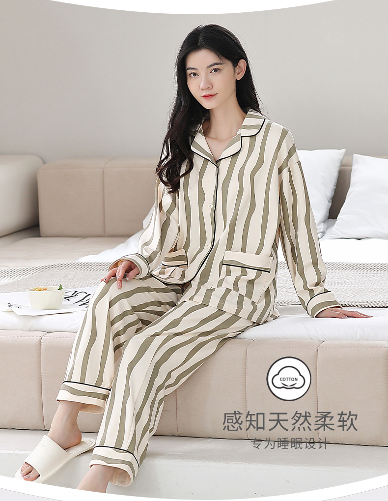 纯棉女士睡衣女春夏新款100%棉斑马纹长袖开衫休闲家居服套装详情3