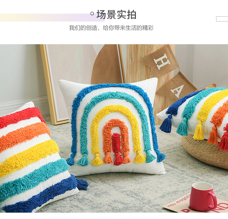 Cross-border ethnic style Bohemian style tufted rainbow pillowcase, three-dimensional embroidered cushion cover, home pillow cover pic 16