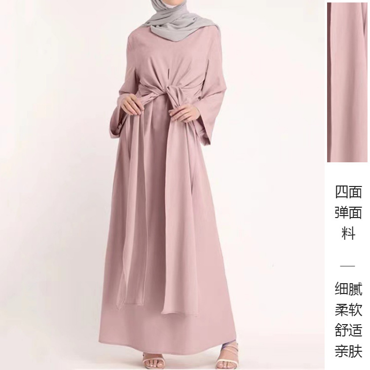 2023芳佑服饰跨境女装中东迪拜阿拉伯长袍纯色系带束腰长款连衣裙详情2