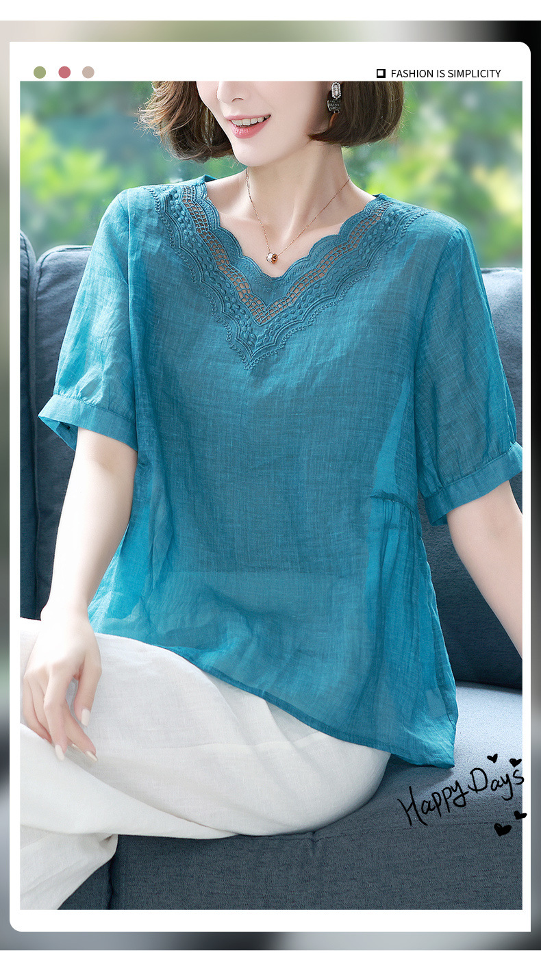 棉麻上衣女士短袖妈妈苎麻小衫夏季t恤2022新款休闲宽松亚麻衬衫详情1