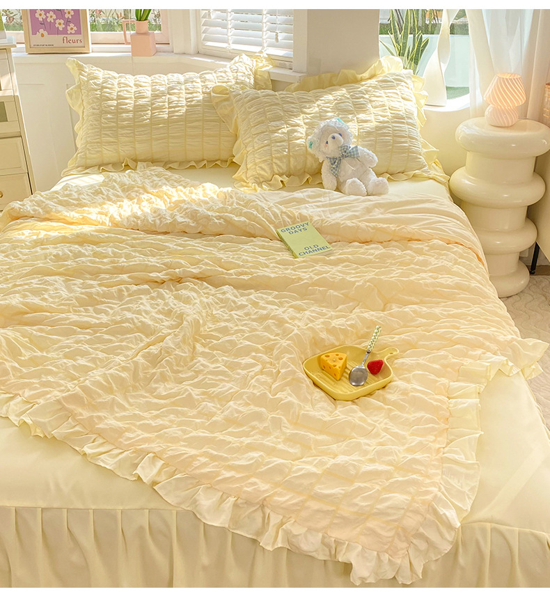 Simple style bubble gauze summer quilt four-piece set, high-end solid color washed cotton bed sheet, bed skirt, quilt cover, dormitory three-piece set pic 3