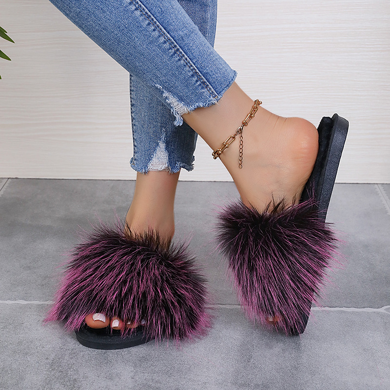 2024新款长毛绒拼色平底毛毛拖鞋女秋冬居家室内地板拖外贸一字拖详情27