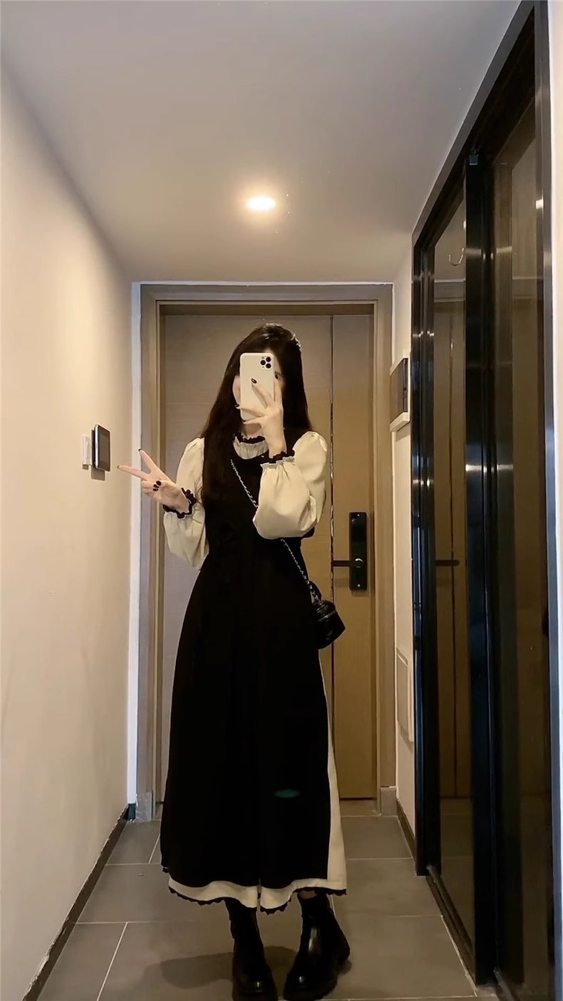法式温柔气质黑色长袖连衣裙子女春季2024新款高级感拼接显瘦长裙详情10