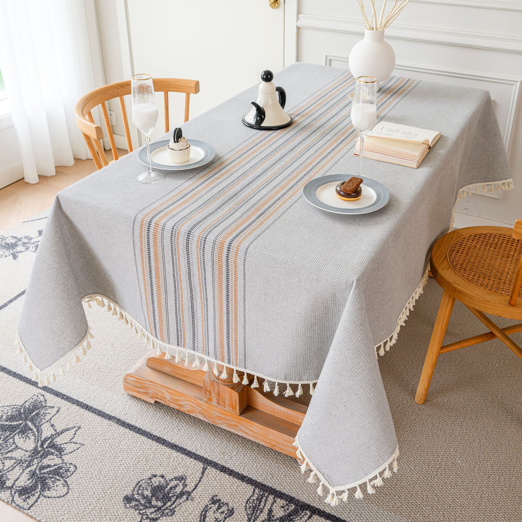 Wholesale of American-style country solid-color household rectangular table fabric, soft and breathable waffle striped coffee table cover fabric pic 12
