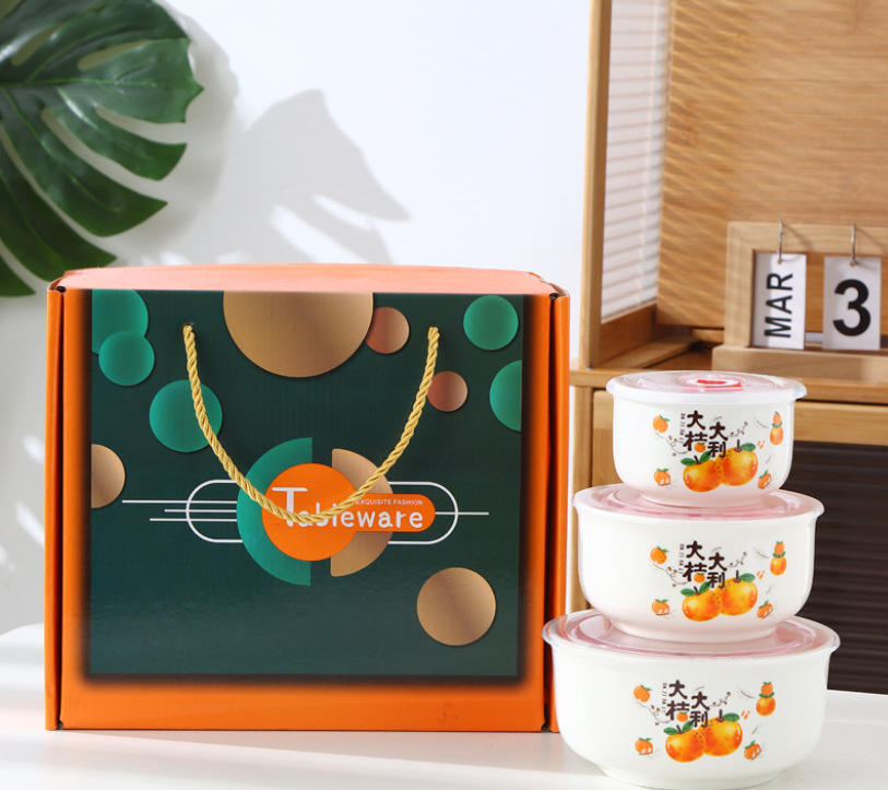 Three-piece ceramic fresh-keeping bowl set pic 6