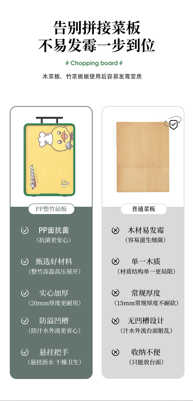 G76卡通小黄鸭抗菌菜板pp+整竹双面粘砧板多功能食品级塑料切菜板详情3