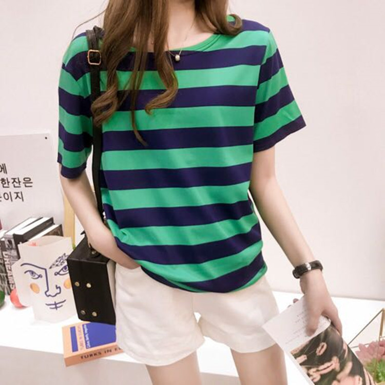 批发2022夏季新款韩版条纹短袖t恤女士宽松衣服上衣女装一件代发详情18