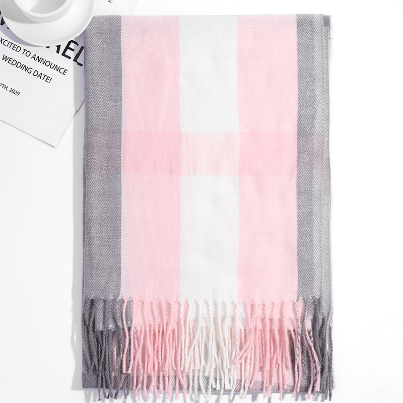 外贸韩版大直条格子围巾秋冬季新款学生百搭仿羊绒流苏围脖女披肩详情23