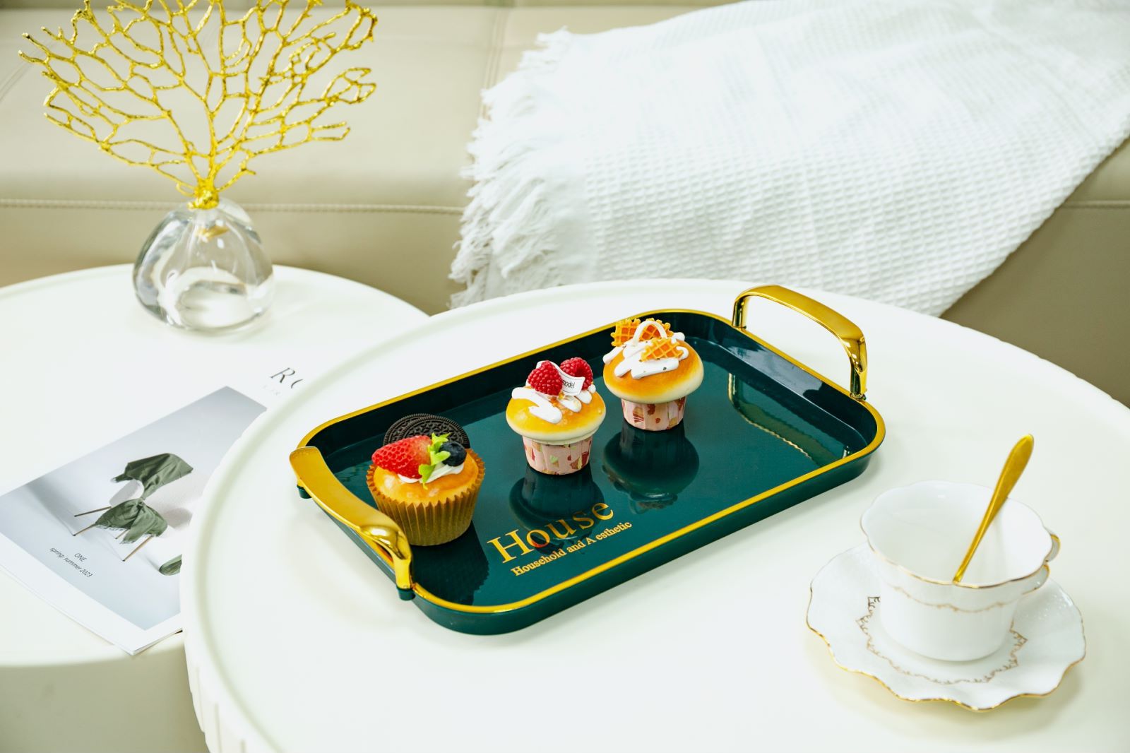 长方形白金轻奢双耳托盘家用放茶杯网红茶盘客厅水杯水果盘收纳盘详情11