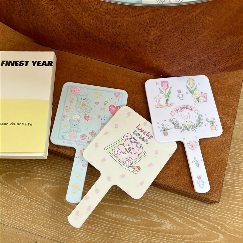 Original design beige tulip rabbit makeup mirror, portable student makeup mirror, high-definition portable mirror, small mirror pic 1